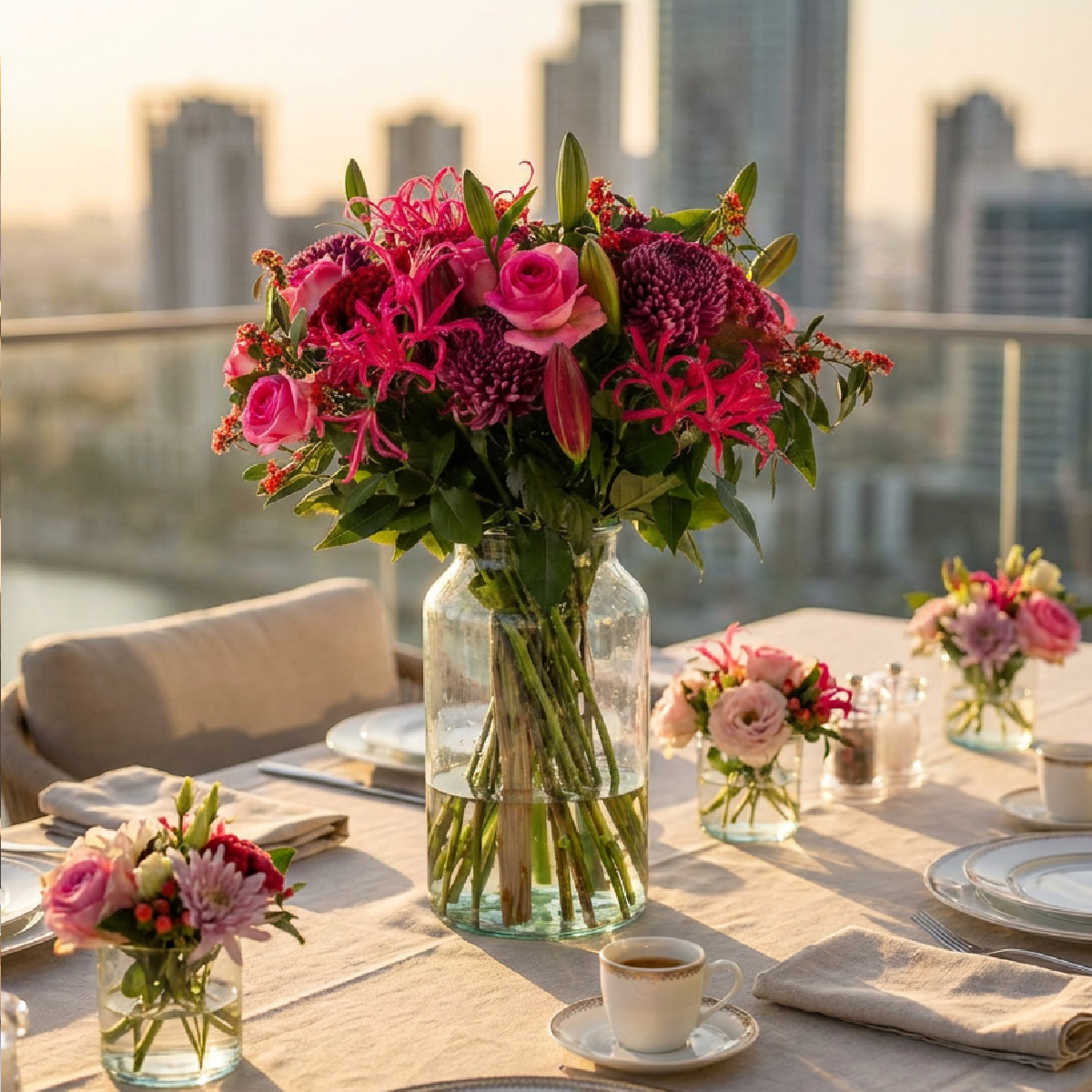 Boeket Aera op een dakterras met gedekte tafel en stadsskyline