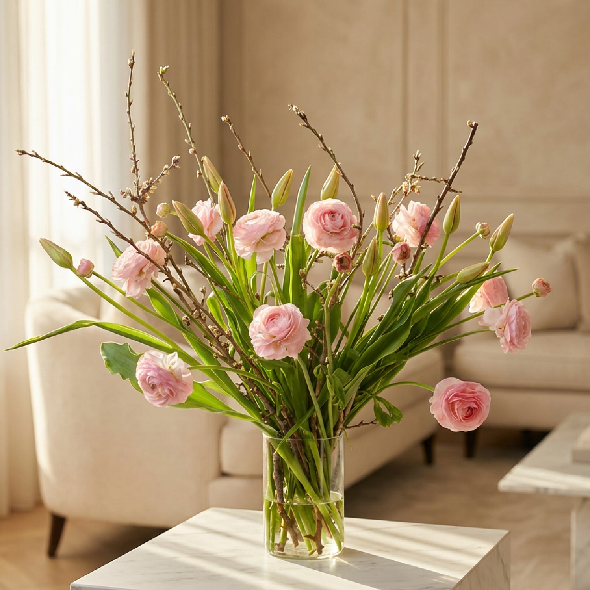 Boeket Maeli op een marmeren salontafel in een zachte beige woonkamer