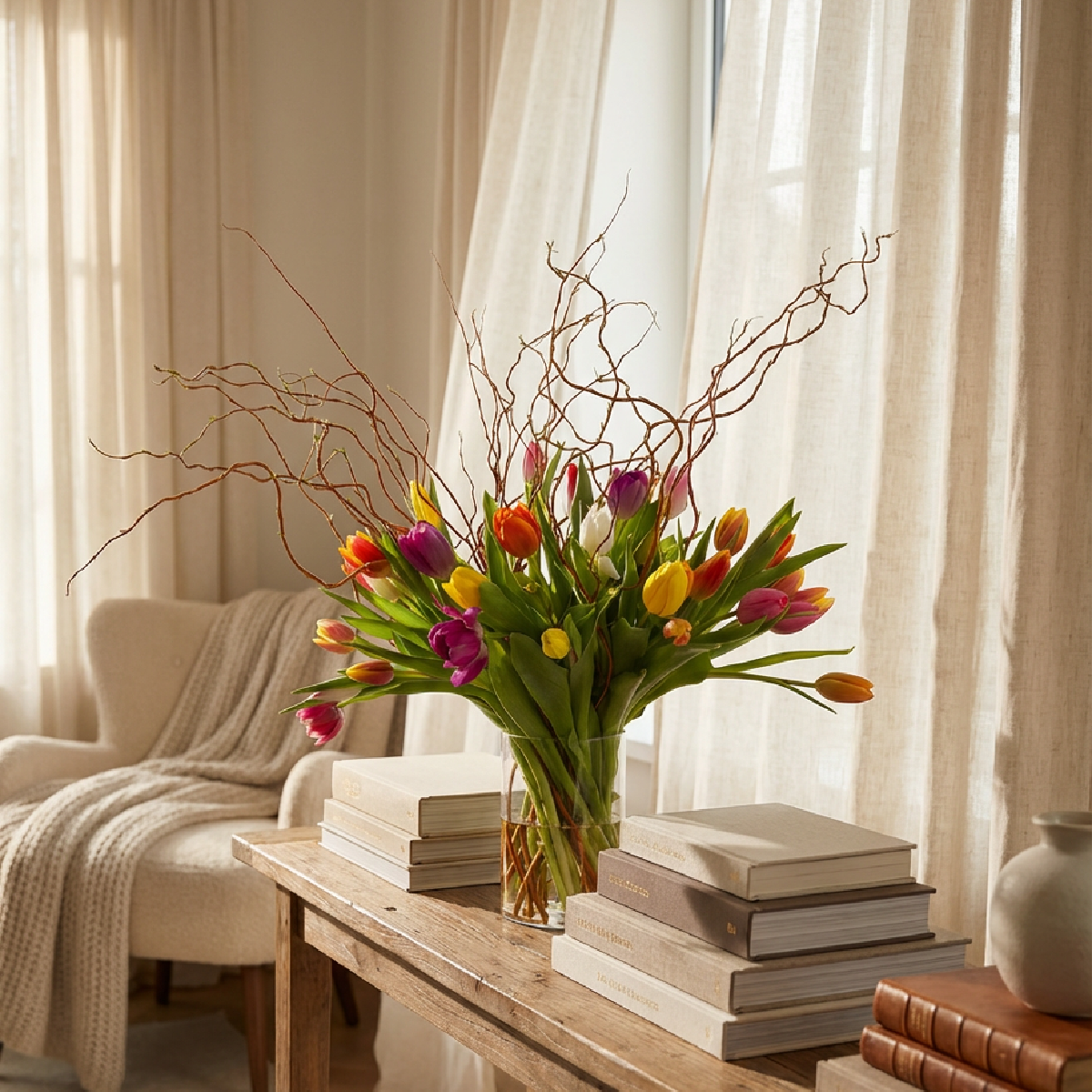 Boeket Naira op een houten sidetable in een zachte beige woonkamer