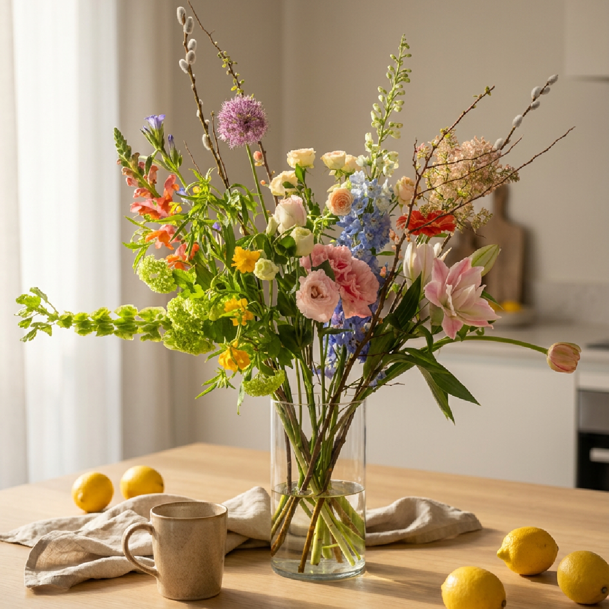 Boeket Serai op een lichte houten tafel in een moderne keuken