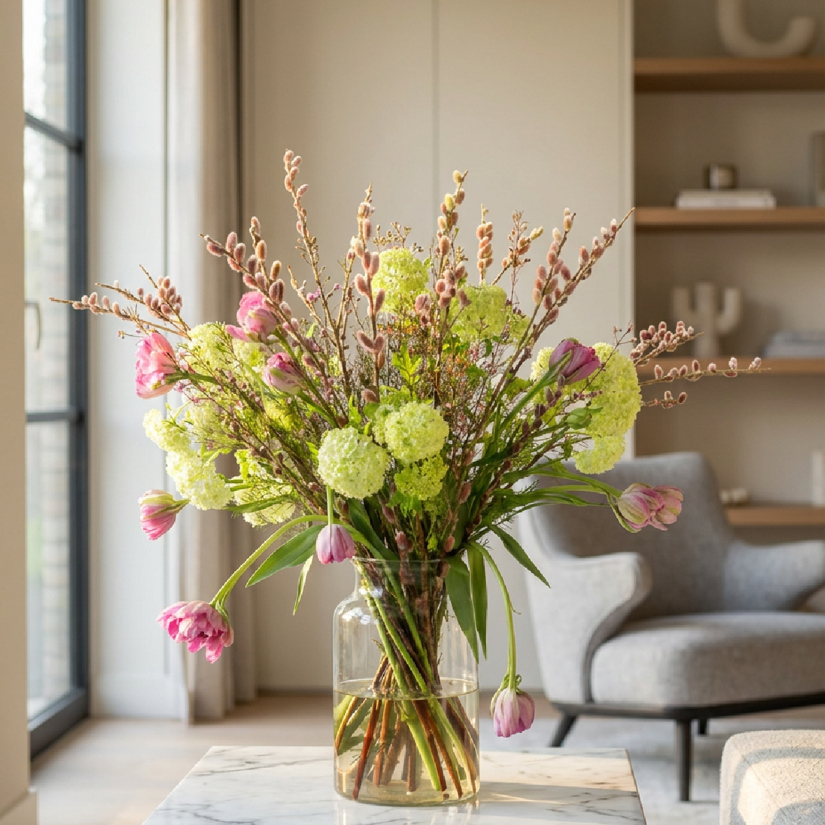Boeket Viora op een licht marmeren bijzettafel in een luxe woonsetting